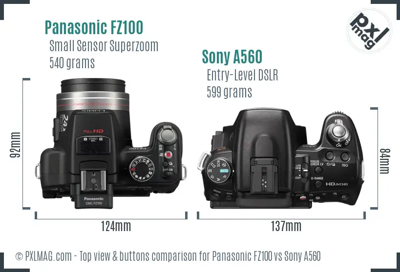 Panasonic FZ100 vs Sony A560 top view buttons comparison