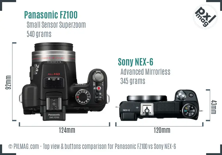 Panasonic FZ100 vs Sony NEX-6 top view buttons comparison