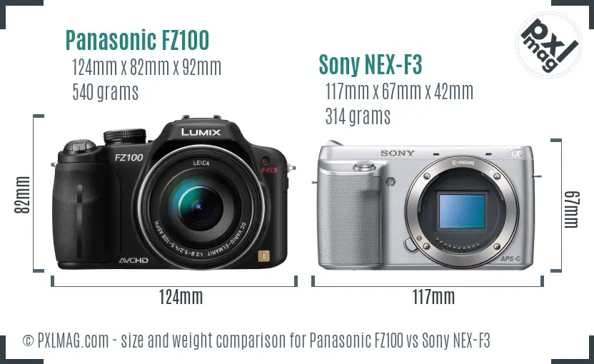 Panasonic FZ100 vs Sony NEX-F3 size comparison