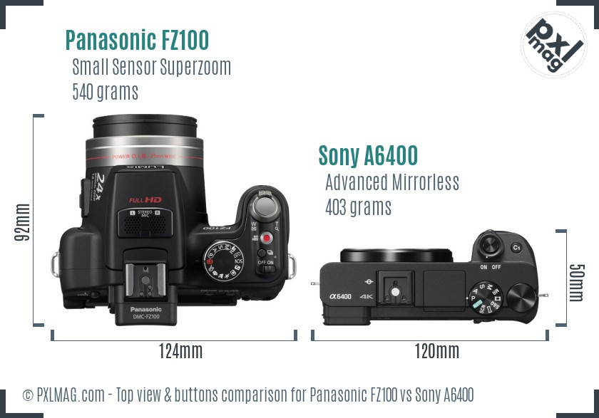 Panasonic FZ100 vs Sony A6400 top view buttons comparison