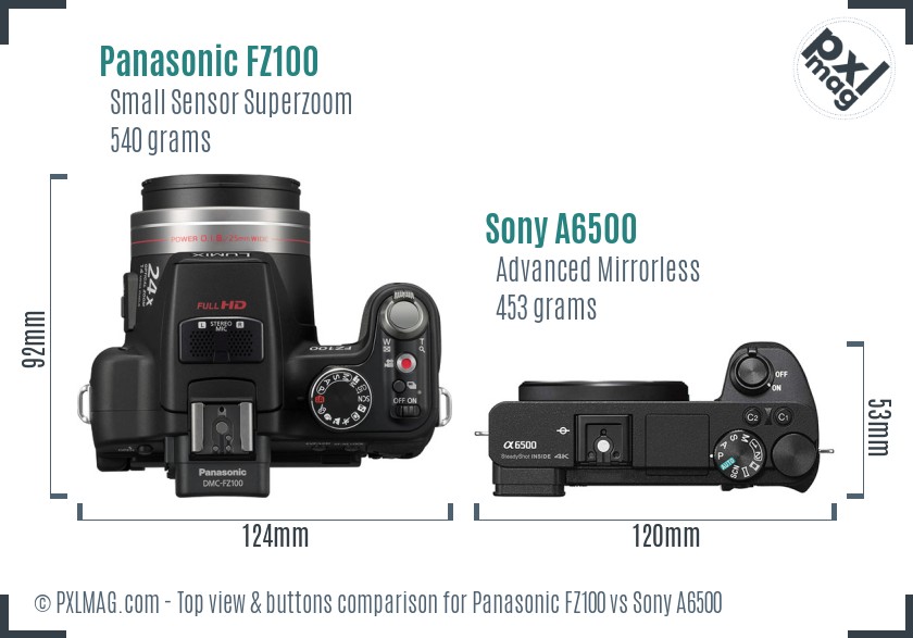 Panasonic FZ100 vs Sony A6500 top view buttons comparison