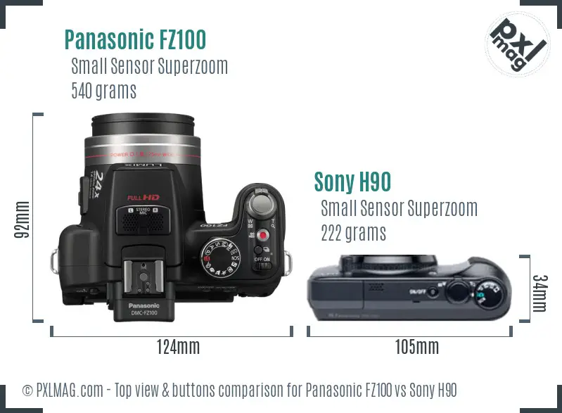 Panasonic FZ100 vs Sony H90 top view buttons comparison Panasonic FZ100 vs Sony H90 top view buttons comparison