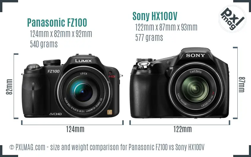 Panasonic FZ100 vs Sony HX100V size comparison