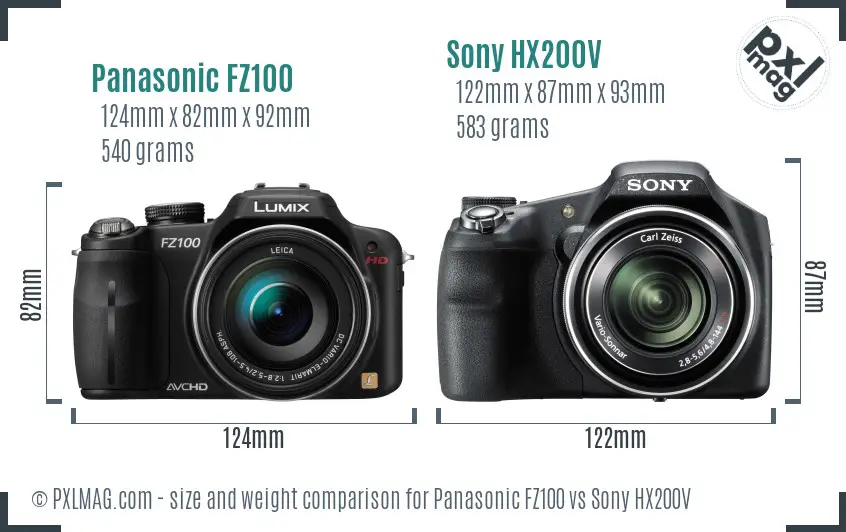 Panasonic FZ100 vs Sony HX200V size comparison