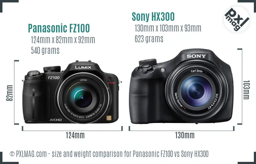 Panasonic FZ100 vs Sony HX300 size comparison Panasonic FZ100 vs Sony HX300 size comparison