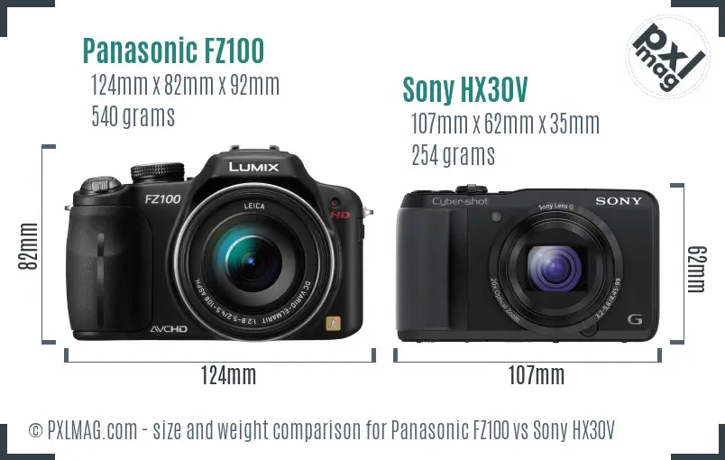Panasonic FZ100 vs Sony HX30V size comparison