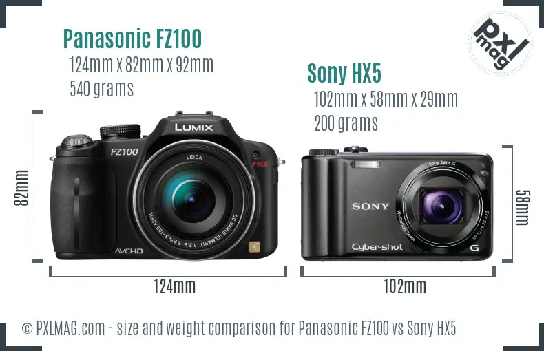 Panasonic FZ100 vs Sony HX5 size comparison Panasonic FZ100 vs Sony HX5 size comparison