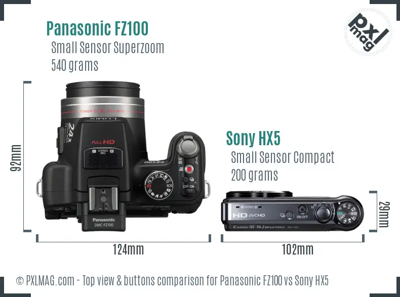 Panasonic FZ100 vs Sony HX5 top view buttons comparison Panasonic FZ100 vs Sony HX5 top view buttons comparison