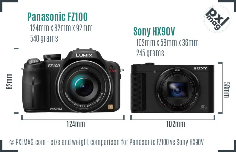 Panasonic FZ100 vs Sony HX90V size comparison Panasonic FZ100 vs Sony HX90V size comparison