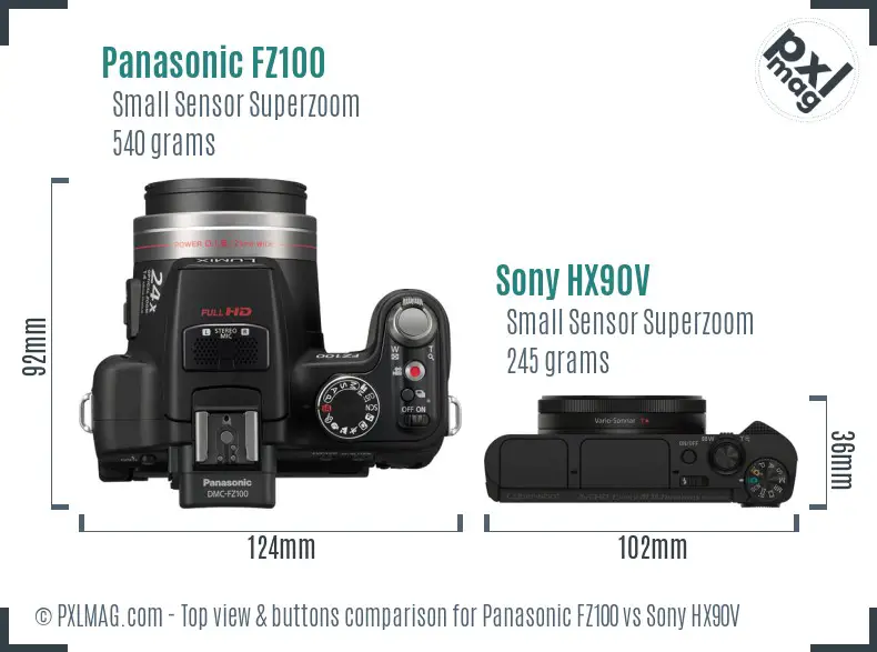 Panasonic FZ100 vs Sony HX90V top view buttons comparison Panasonic FZ100 vs Sony HX90V top view buttons comparison