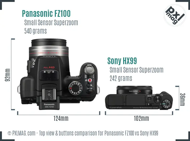 Panasonic FZ100 vs Sony HX99 top view buttons comparison
