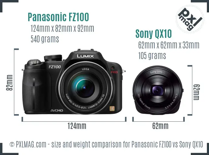 Panasonic FZ100 vs Sony QX10 size comparison