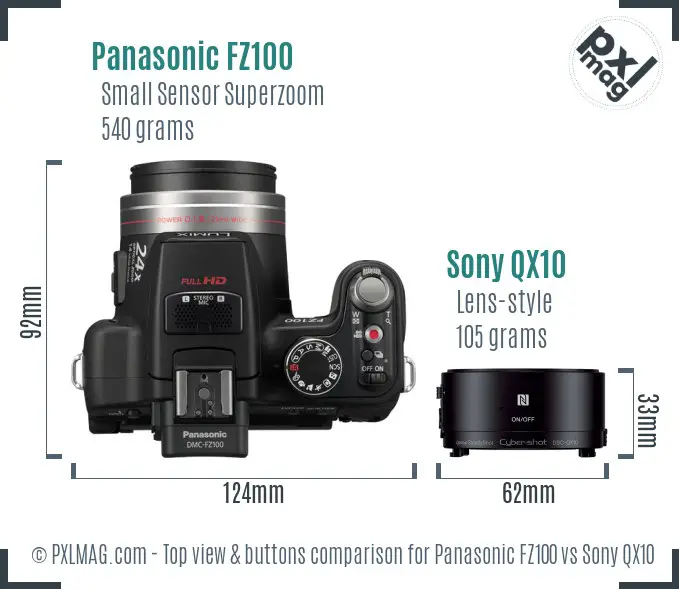 Panasonic FZ100 vs Sony QX10 top view buttons comparison
