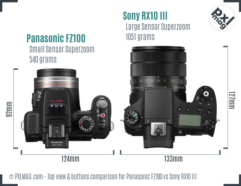 Panasonic FZ100 vs Sony RX10 III top view buttons comparison