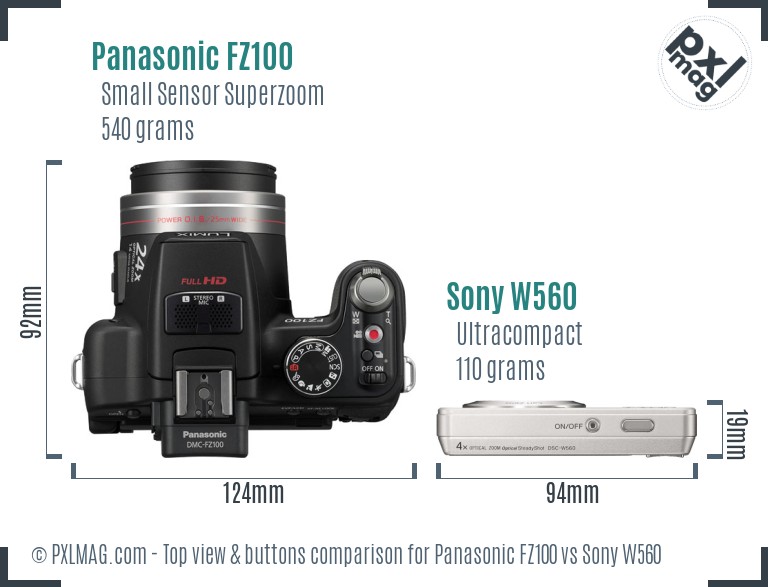 Panasonic FZ100 vs Sony W560 top view buttons comparison