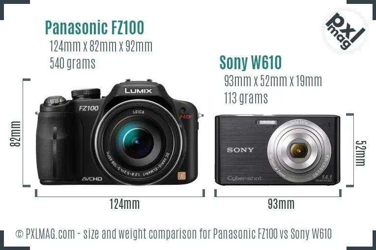 Panasonic FZ100 vs Sony W610 size comparison Panasonic FZ100 vs Sony W610 size comparison