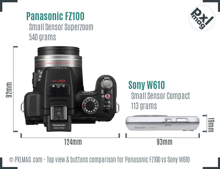 Panasonic FZ100 vs Sony W610 top view buttons comparison Panasonic FZ100 vs Sony W610 top view buttons comparison