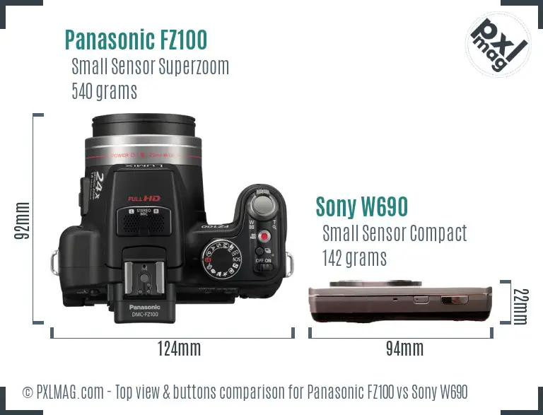 Panasonic FZ100 vs Sony W690 top view buttons comparison Panasonic FZ100 vs Sony W690 top view buttons comparison