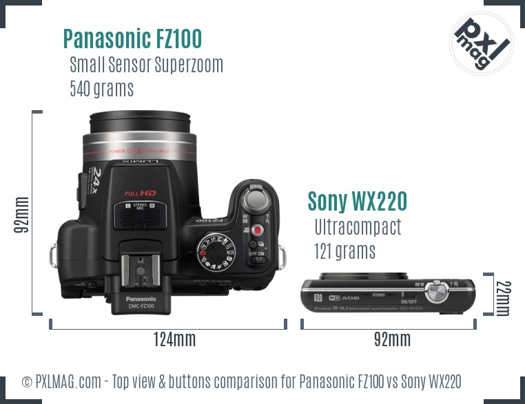 Panasonic FZ100 vs Sony WX220 top view buttons comparison