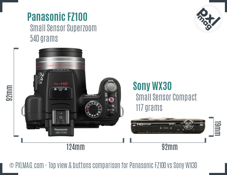 Panasonic FZ100 vs Sony WX30 top view buttons comparison