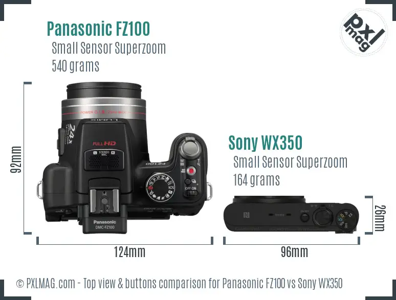 Panasonic FZ100 vs Sony WX350 top view buttons comparison Panasonic FZ100 vs Sony WX350 top view buttons comparison