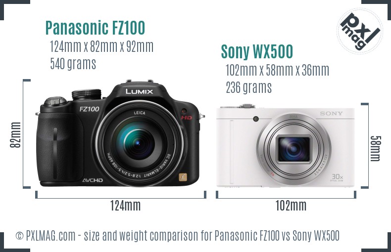 Panasonic FZ100 vs Sony WX500 size comparison