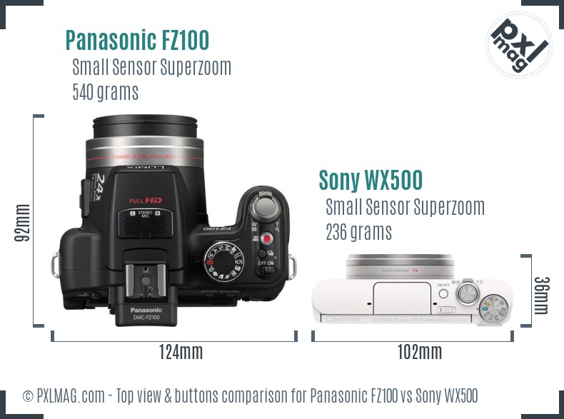 Panasonic FZ100 vs Sony WX500 top view buttons comparison
