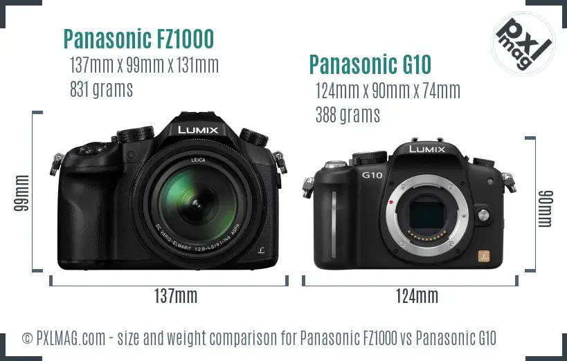 Panasonic FZ1000 vs Panasonic G10 size comparison
