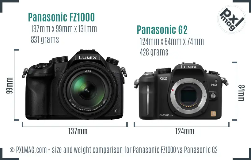 Panasonic FZ1000 vs Panasonic G2 size comparison