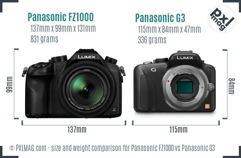 Panasonic FZ1000 vs Panasonic G3 size comparison