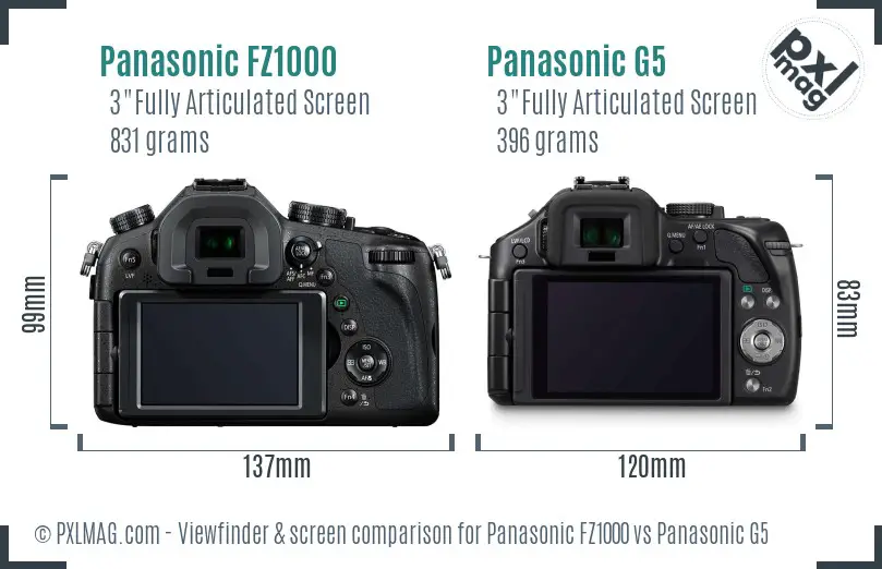 Panasonic FZ1000 vs Panasonic G5 Screen and Viewfinder comparison