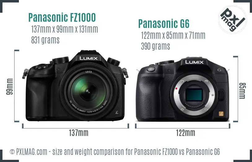 Panasonic FZ1000 vs Panasonic G6 size comparison
