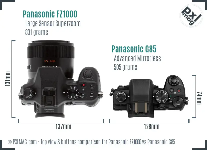 Panasonic FZ1000 vs Panasonic G85 top view buttons comparison