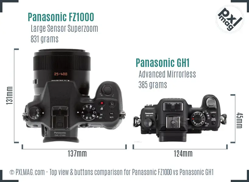 Panasonic FZ1000 vs Panasonic GH1 top view buttons comparison