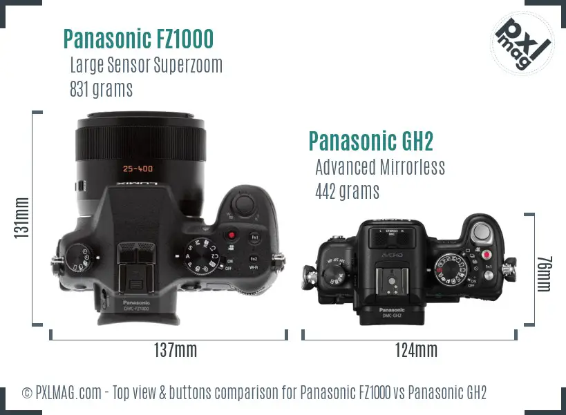 Panasonic FZ1000 vs Panasonic GH2 top view buttons comparison