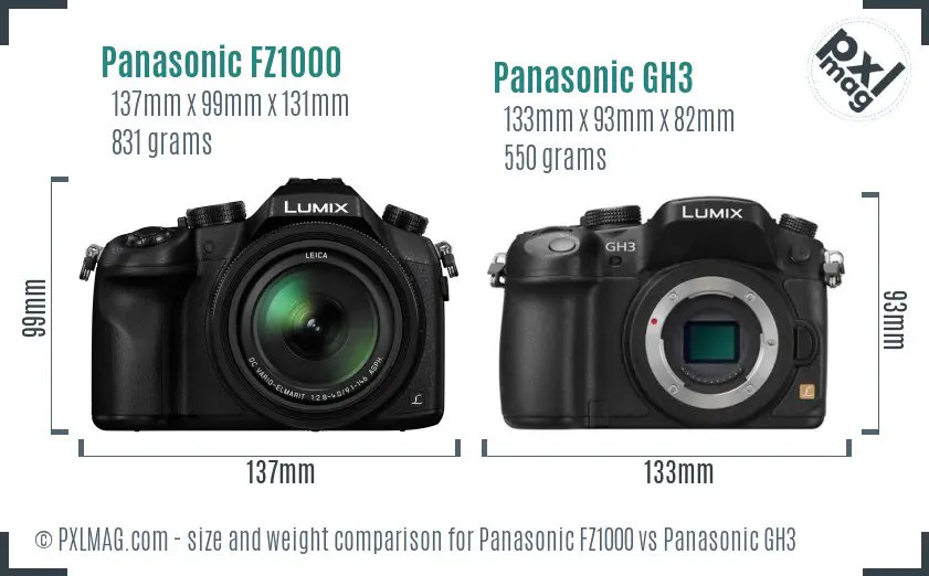 Panasonic FZ1000 vs Panasonic GH3 size comparison