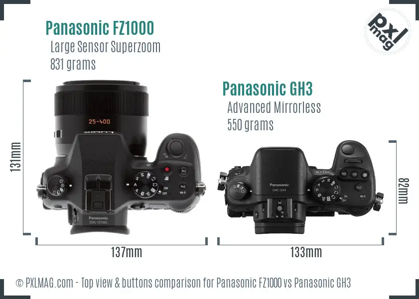 Panasonic FZ1000 vs Panasonic GH3 top view buttons comparison