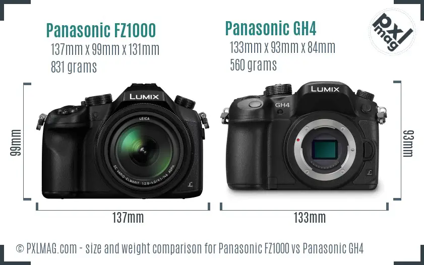 Panasonic FZ1000 vs Panasonic GH4 size comparison