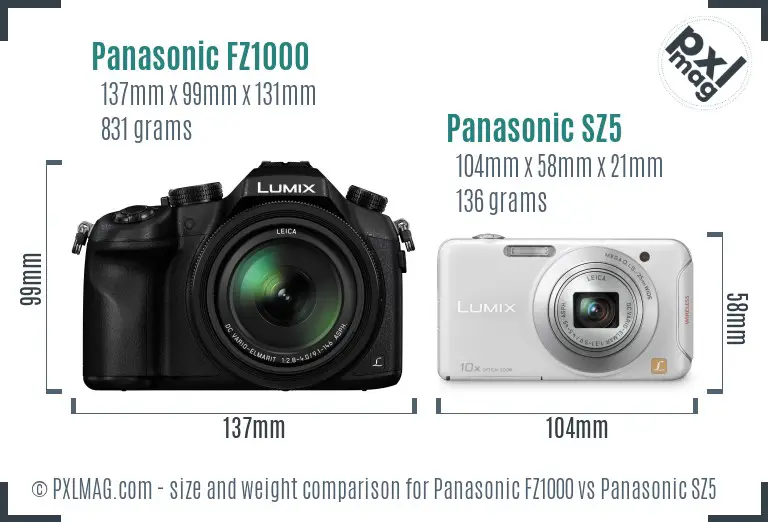 Panasonic FZ1000 vs Panasonic SZ5 size comparison