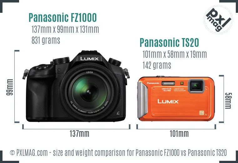 Panasonic FZ1000 vs Panasonic TS20 size comparison