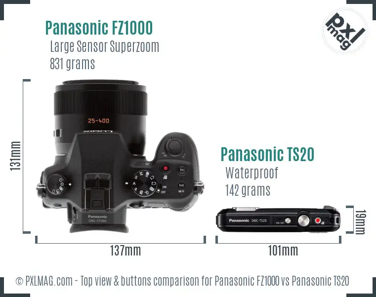 Panasonic FZ1000 vs Panasonic TS20 top view buttons comparison