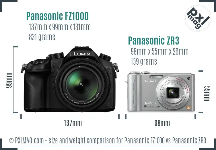 Panasonic FZ1000 vs Panasonic ZR3 size comparison