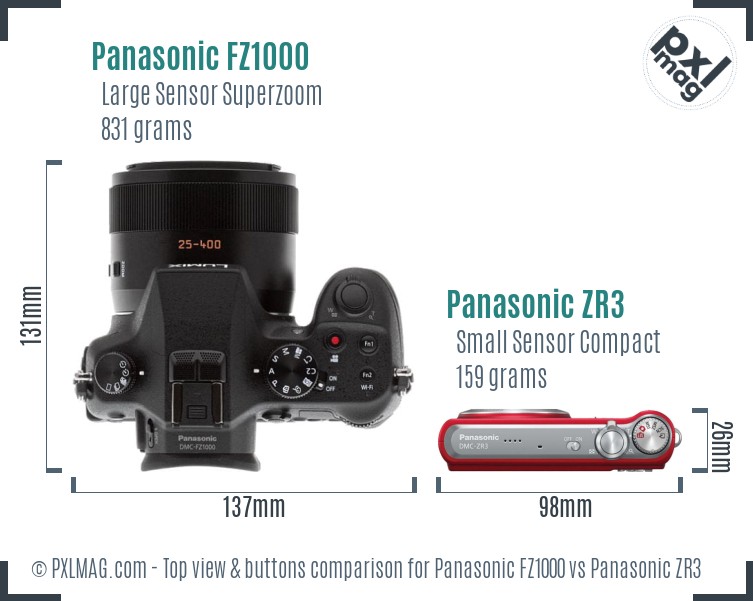 Panasonic FZ1000 vs Panasonic ZR3 top view buttons comparison