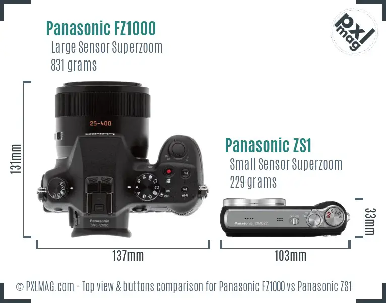 Panasonic FZ1000 vs Panasonic ZS1 top view buttons comparison