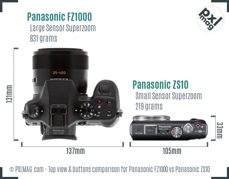 Panasonic FZ1000 vs Panasonic ZS10 top view buttons comparison