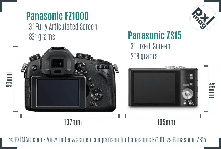 Panasonic FZ1000 vs Panasonic ZS15 Screen and Viewfinder comparison