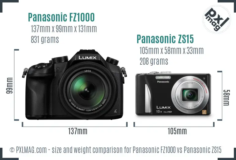 Panasonic FZ1000 vs Panasonic ZS15 size comparison