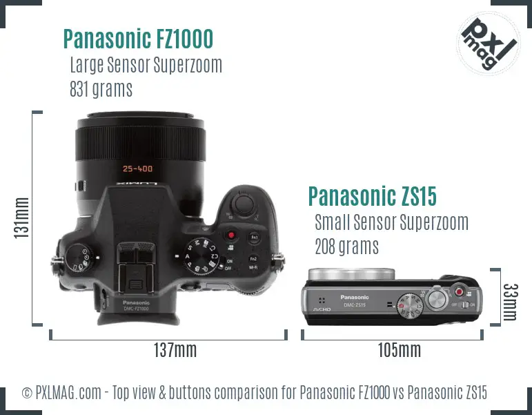 Panasonic FZ1000 vs Panasonic ZS15 top view buttons comparison