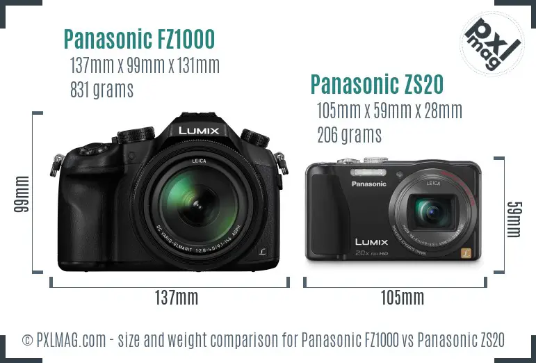 Panasonic FZ1000 vs Panasonic ZS20 size comparison