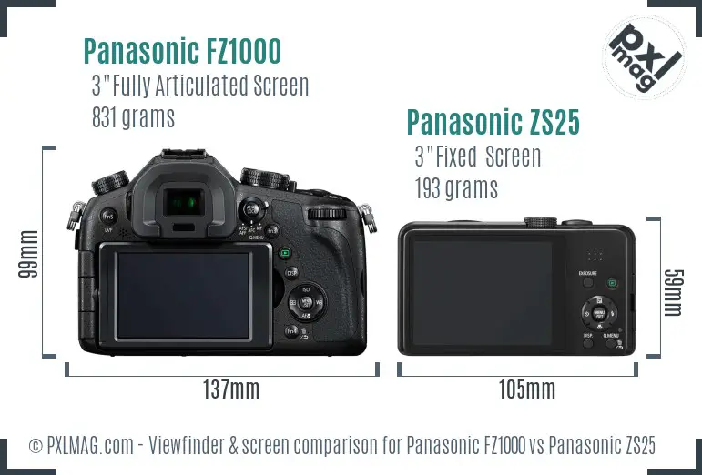 Panasonic FZ1000 vs Panasonic ZS25 Screen and Viewfinder comparison
